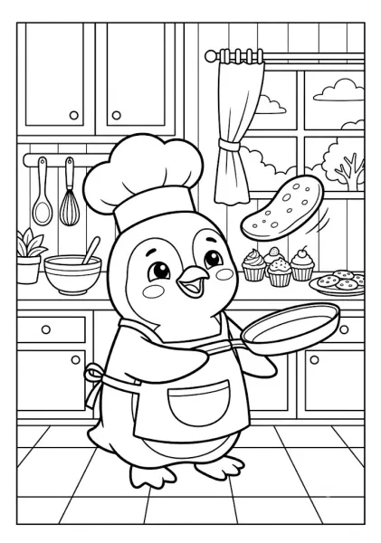 Cute penguin chef wearing an apron flipping a pancake in a skillet in a cozy kitchen with cupcakes and cookies Penguin Coloring Pages