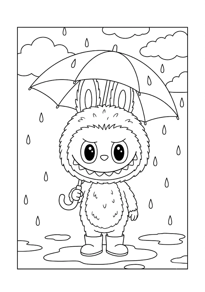 A cute monster character holding a large umbrella in the rain on printable Labubu coloring pages