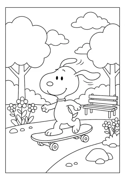 Snoopy riding a skateboard along a park path with trees and flowers Snoopy Coloring Pages