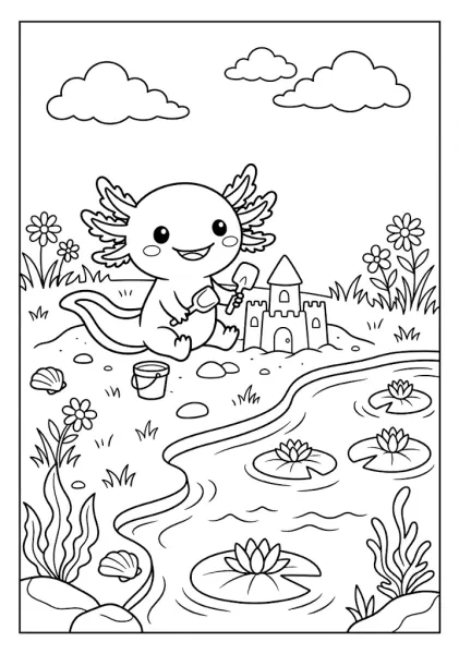 Cute axolotl building a sandcastle with a bucket and shovel near a pond Axolotl Coloring Pages