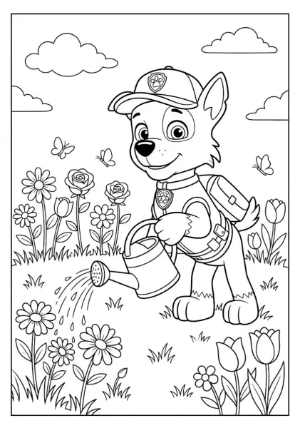 Line art coloring page of Rocky watering flowers in a meadow, with butterflies flying around him.