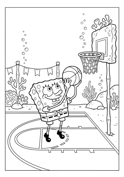 SpongeBob SquarePants about to shoot a basketball into an underwater coral hoop SpongeBob Coloring Pages