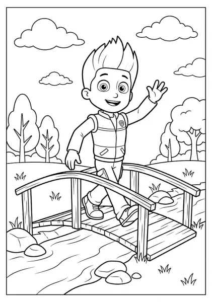 Ryder waving his hand while walking across a wooden bridge over a flowing river