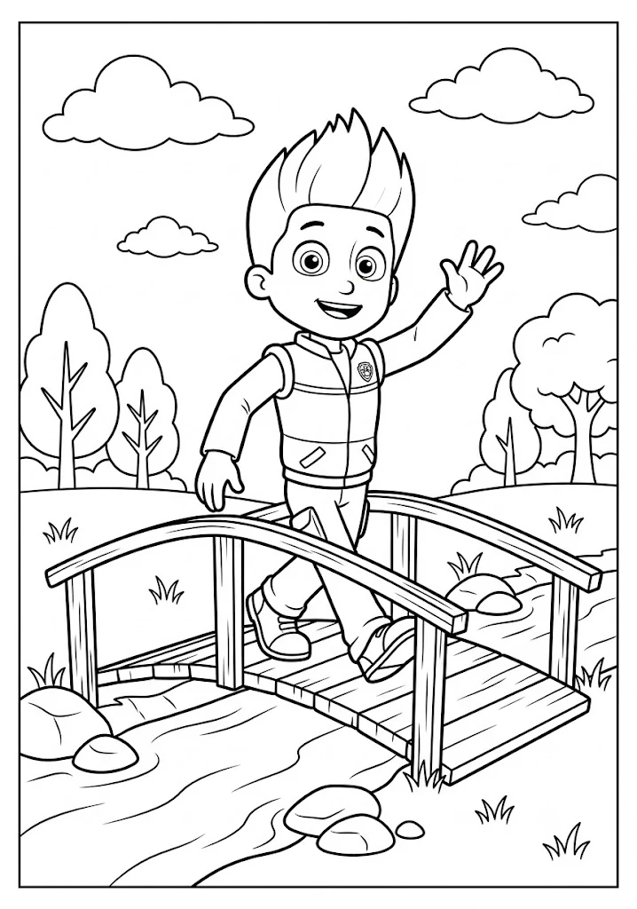 Ryder waving his hand while walking across a wooden bridge over a flowing river