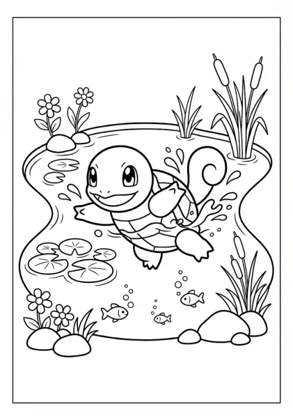 Cute Squirtle swimming happily in a pond surrounded by lily pads cattails and small fish Pokemon Coloring Pages
