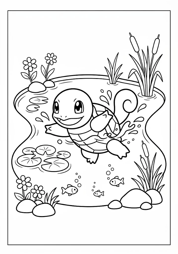 Cute Squirtle swimming happily in a pond surrounded by lily pads cattails and small fish Pokemon Coloring Pages