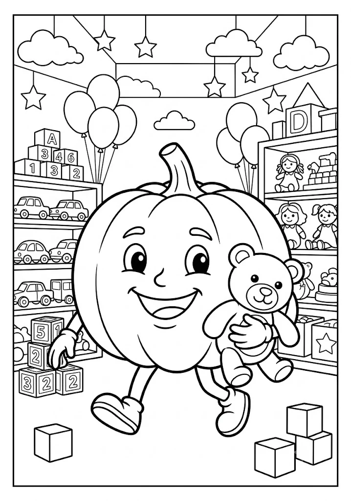 Cute pumpkin holding a teddy bear walking inside a playroom filled with toy cars, alphabet blocks, dolls, and balloons Pumpkin Coloring Pages