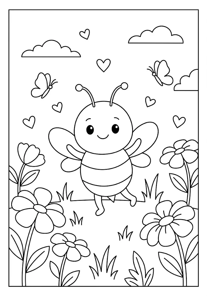 A cute bee surrounded by floating hearts, butterflies, and large flowers in a meadow Bee Coloring Pages