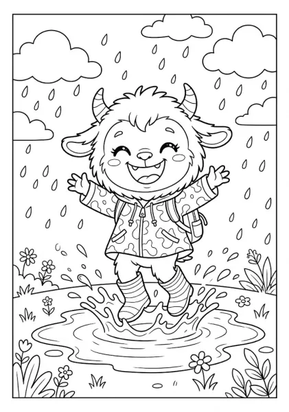 A happy monster character splashing in a rain puddle in our cute printable Labubu coloring pages