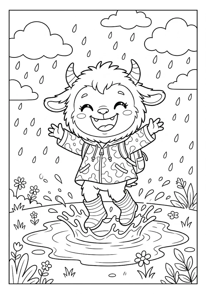 A happy monster character splashing in a rain puddle in our cute printable Labubu coloring pages