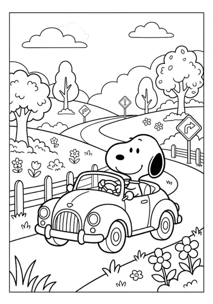 Snoopy driving a classic convertible car down a scenic countryside road Snoopy Coloring Pages