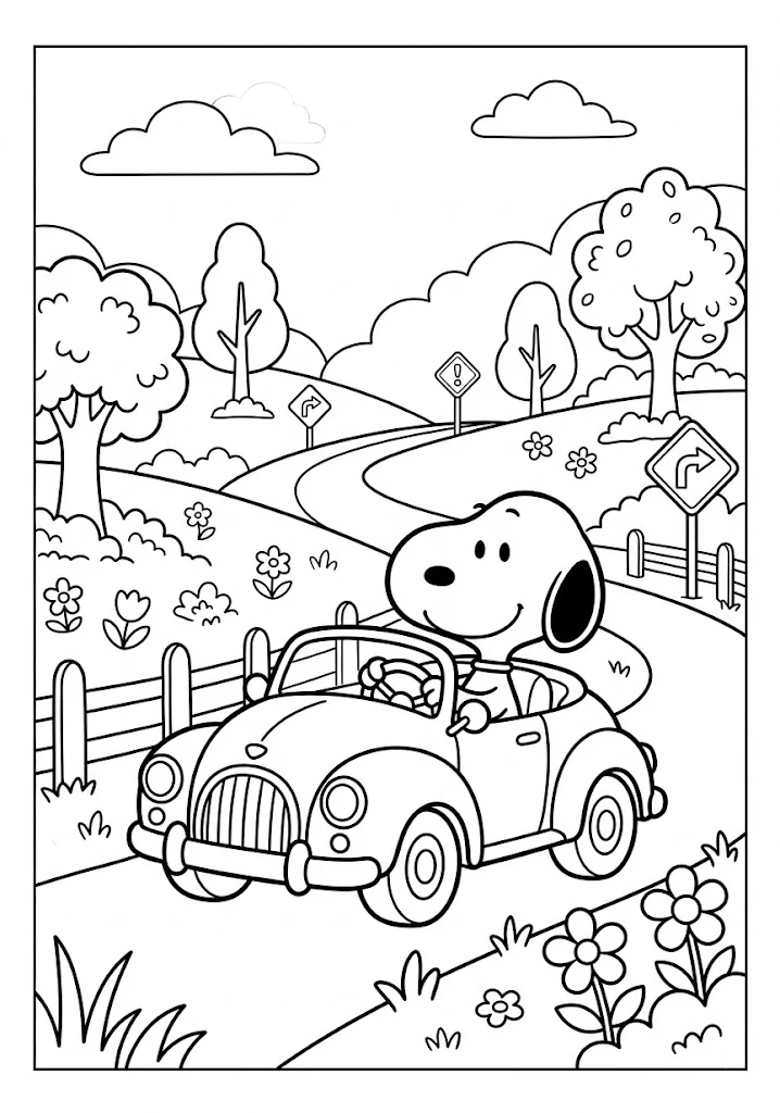 Snoopy driving a classic convertible car down a scenic countryside road Snoopy Coloring Pages