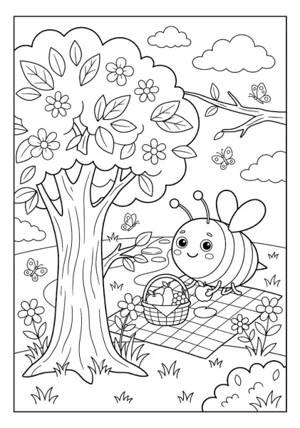 A cute bee having a picnic on a checkered blanket under a large flowering tree with a fruit basket Bee Coloring Pages