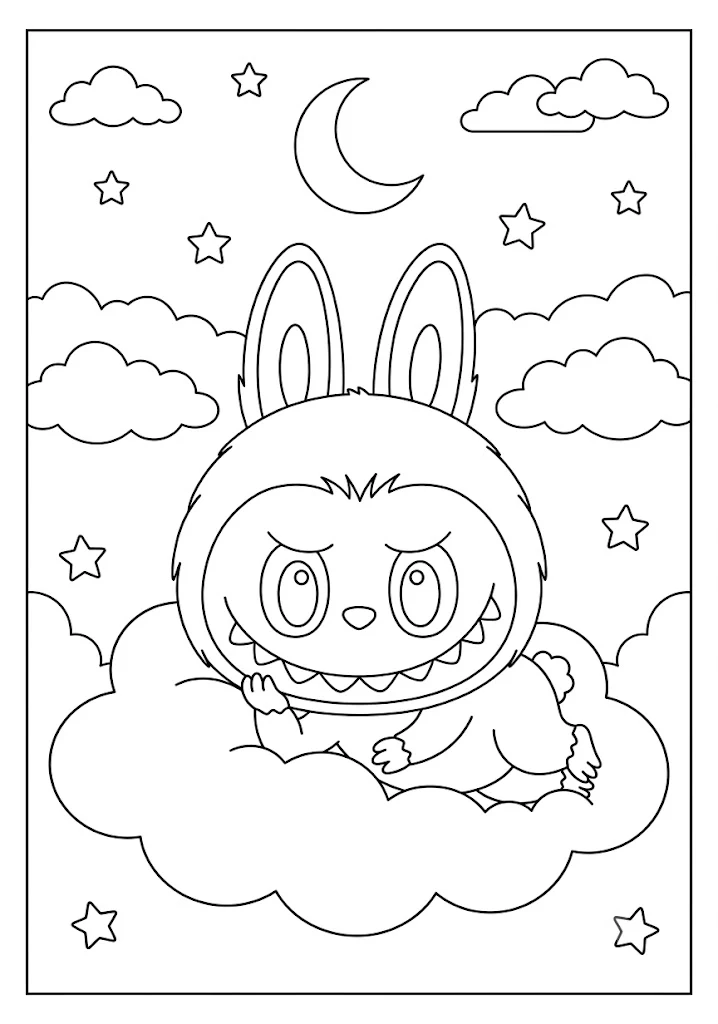 A cute monster lying comfortably on a soft cloud under the moon in Labubu coloring pages