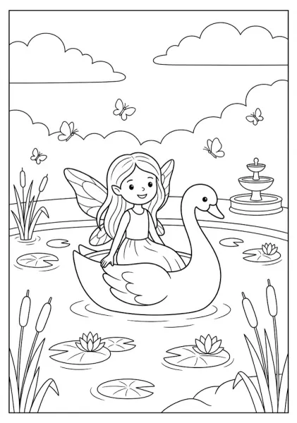 A cute fairy sitting inside a swan boat floating on a pond with lily pads and a fountain Fairy Coloring Pages