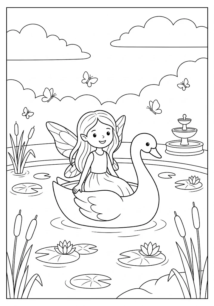 A cute fairy sitting inside a swan boat floating on a pond with lily pads and a fountain Fairy Coloring Pages