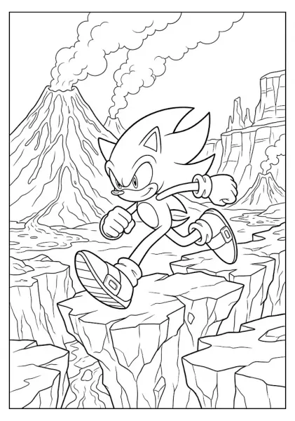 An exciting free coloring page of Super Sonic running fast across cliffs near an active, smoking volcano