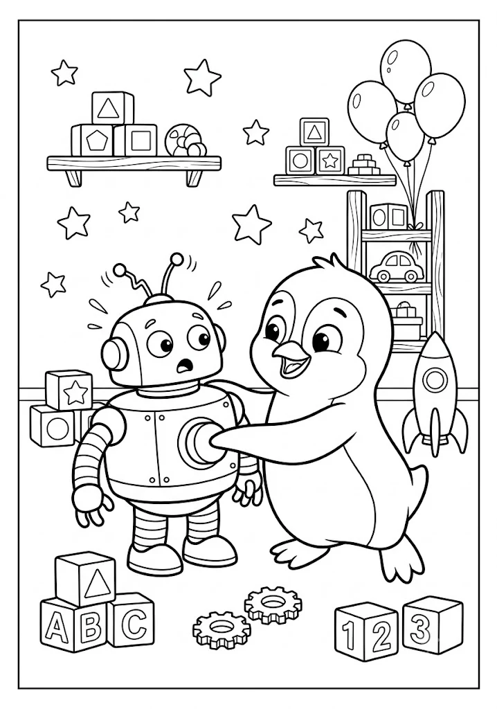 Cute penguin playing with a toy robot in a room filled with building blocks a toy rocket and alphabet blocks Penguin Coloring Pages