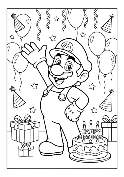 Mario celebrating a birthday with gifts balloons and a Happy Birthday cake Mario Coloring Pages