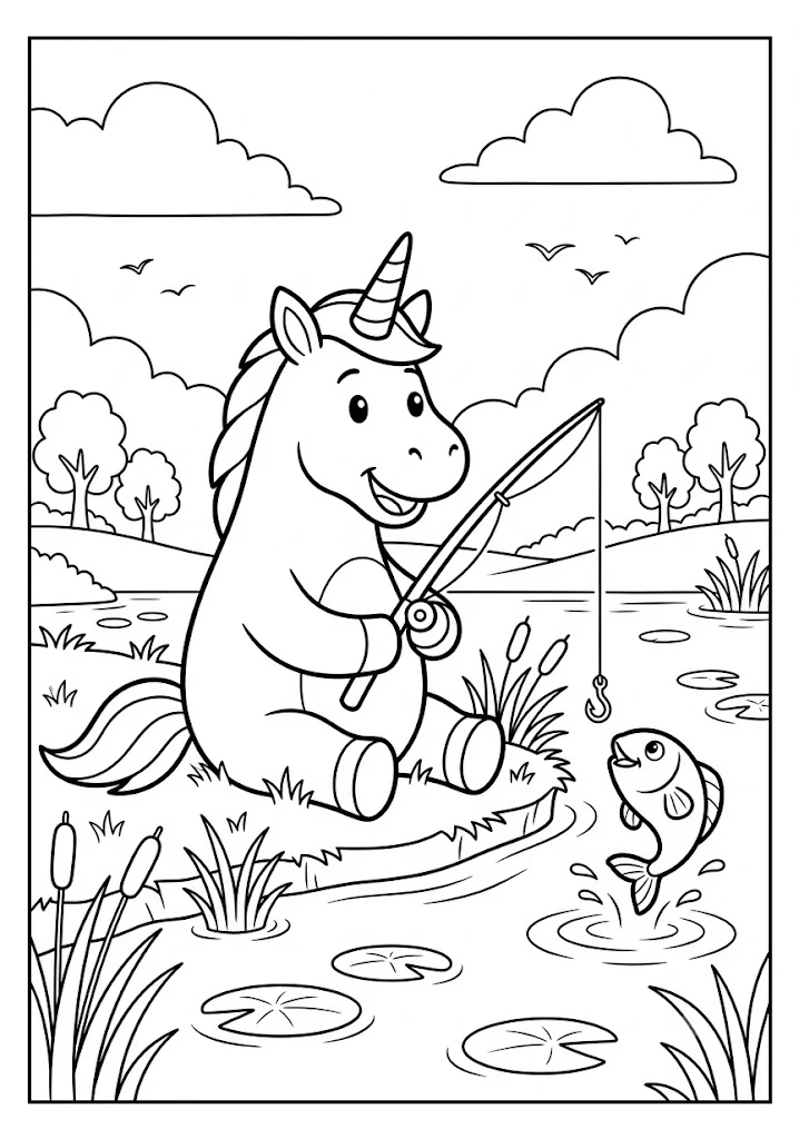 Cute unicorn sitting on a grassy riverbank holding a fishing rod next to a jumping fish