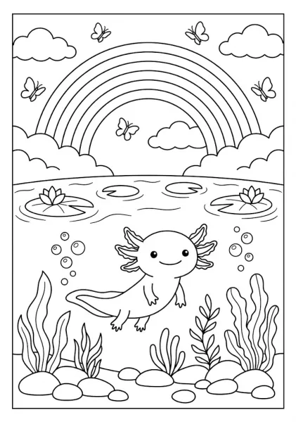 AxolotlCute axolotl swimming underwater beneath a bright rainbow in the sky Axolotl Coloring Pages