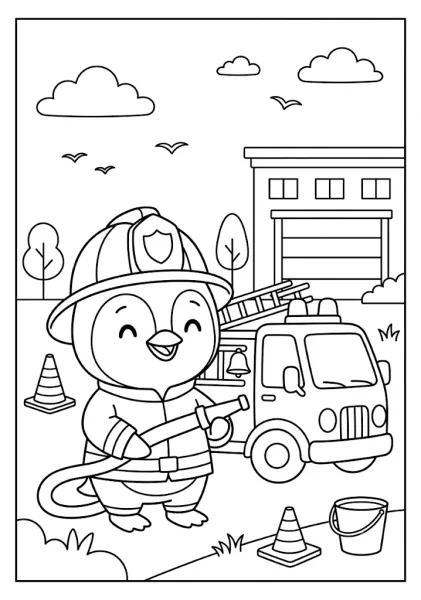 Cute penguin firefighter wearing a helmet and holding a water hose in front of a fire truck and station Penguin Coloring Pages