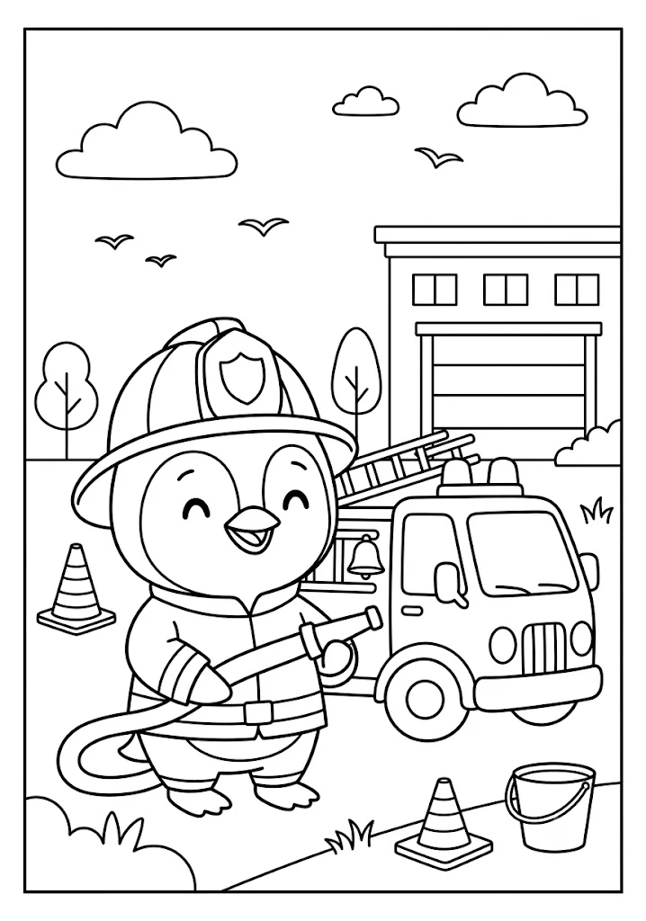 Cute penguin firefighter wearing a helmet and holding a water hose in front of a fire truck and station Penguin Coloring Pages