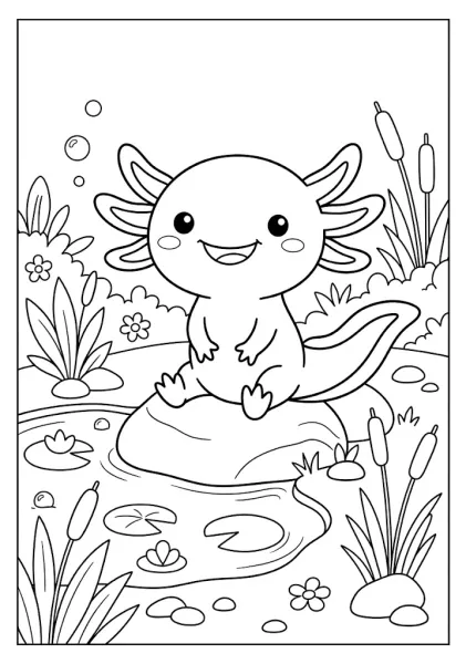 Cute axolotl sitting on a large rock in a pond surrounded by cattails Axolotl Coloring Pages