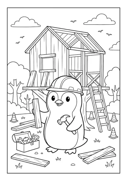 Cute penguin wearing a safety helmet holding a hammer while building a wooden treehouse with tools and wooden planks Penguin Coloring Pages Title: Penguin Builder Treehouse