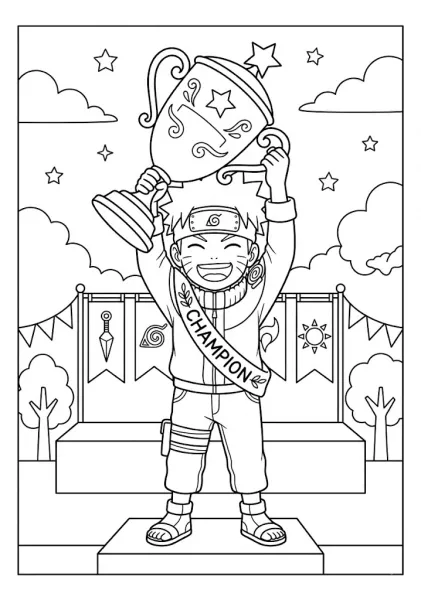 Chibi Naruto wearing a champion sash holding up a giant trophy coloring page