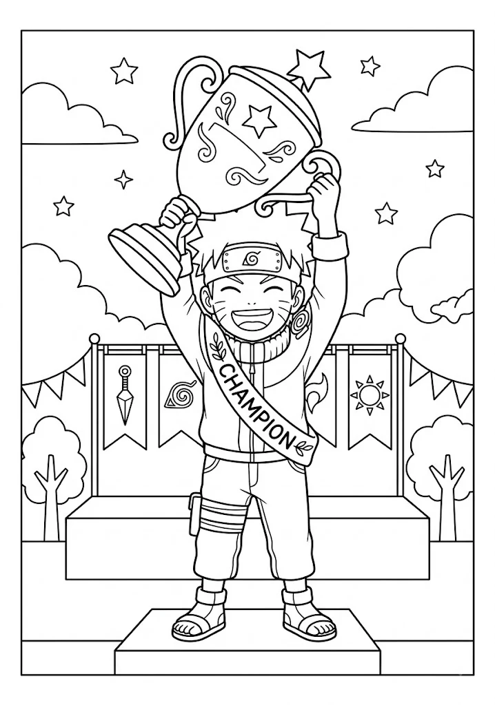 Chibi Naruto wearing a champion sash holding up a giant trophy coloring page