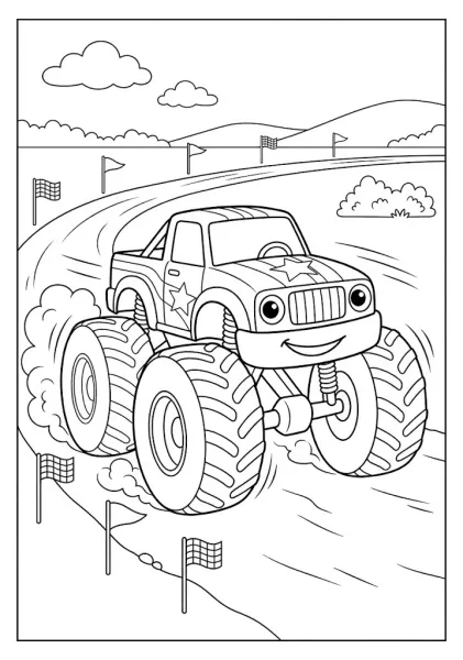 Star decal monster truck speeding on a curved dirt race track with flags Monster Truck Coloring Pages