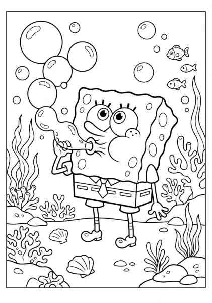 SpongeBob SquarePants puffing his cheeks and blowing giant soap bubbles underwater SpongeBob Coloring Pages