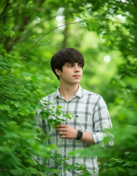 Young Man in Plaid Shirt Peeking Through Dense Green Foliage Chatgpt Prompt