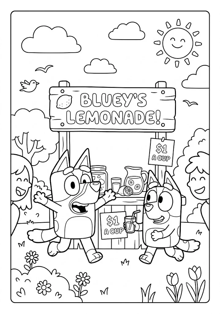 Bluey and Bingo running a lemonade stand that says "Bluey's Lemonade! $1 A CUP" in a park setting