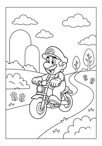 Mario riding a small red motorcycle along a winding country road Mario Coloring Pages
