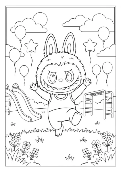 An energetic Labubu character jumping with joy in a playground park on Labubu coloring pages