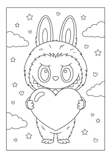 A sweet monster character holding a big ripe apple in our cute Labubu coloring pages