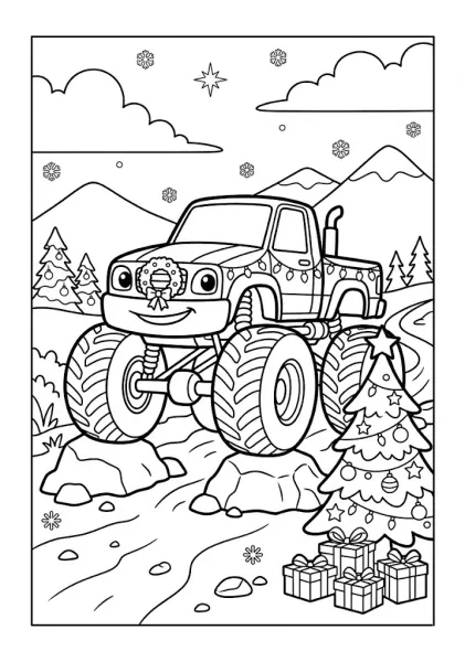 Festive holiday cheer A cheerful monster truck decorated with Christmas lights standing beside a brightly decorated Christmas tree and present boxes makes a joyful Monster Truck Coloring Page
