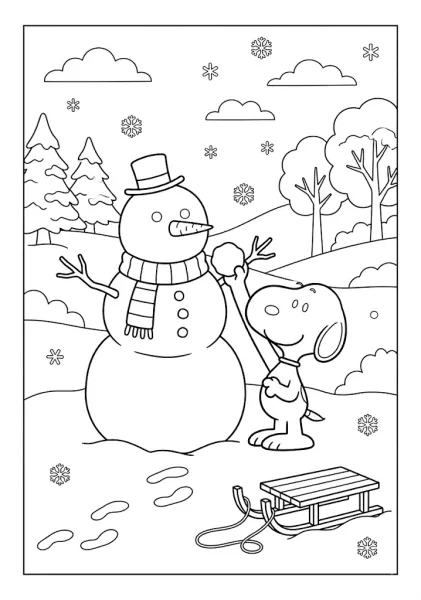 Snoopy adding a snowball to a large snowman in a snowy forest next to a wooden sled Snoopy Coloring Pages