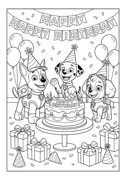 Chase Marshall and Skye wearing party hats and celebrating a birthday party with a cake and gifts