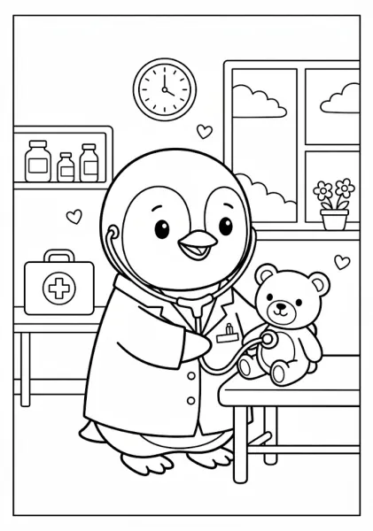 Cute penguin wearing a doctor coat examining a teddy bear with a stethoscope inside a clinic with medical supplies Penguin Coloring Pages
