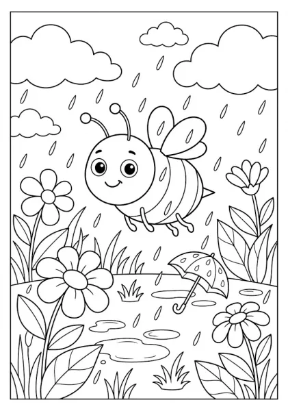 A cute bee flying over giant garden flowers in the rain with a small umbrella on the ground Bee Coloring Pages
