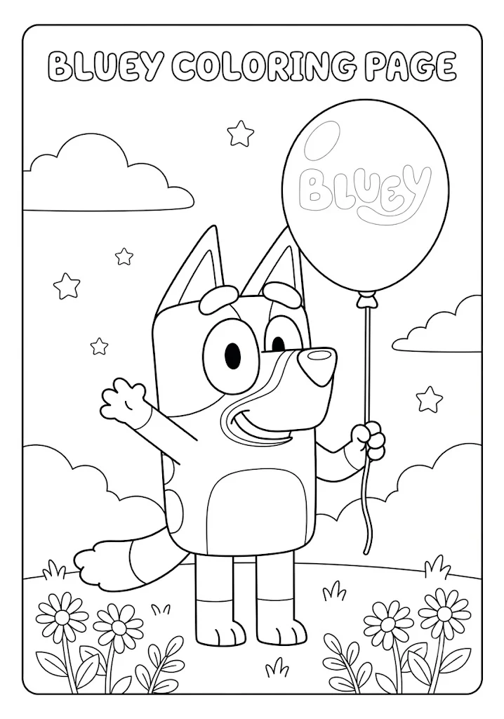 A high-resolution, printable A4 coloring page of Bluey smiling and holding a large balloon with simple clouds and stars