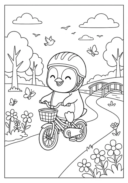 Cute penguin wearing a helmet riding a bicycle along a park path near a bridge trees and butterflies Penguin Coloring Pages