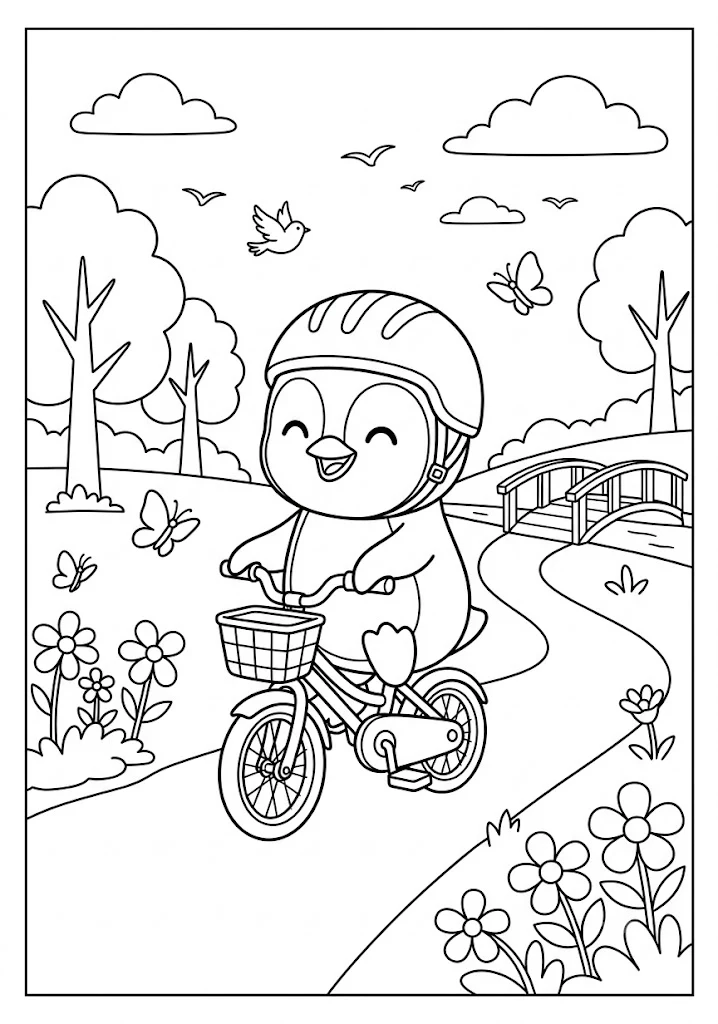 Cute penguin wearing a helmet riding a bicycle along a park path near a bridge trees and butterflies Penguin Coloring Pages
