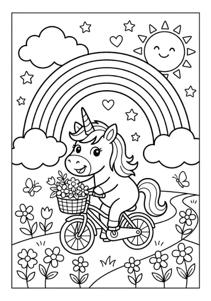 A cute unicorn riding a bicycle with a basket of flowers under a rainbow, sun, and stars.