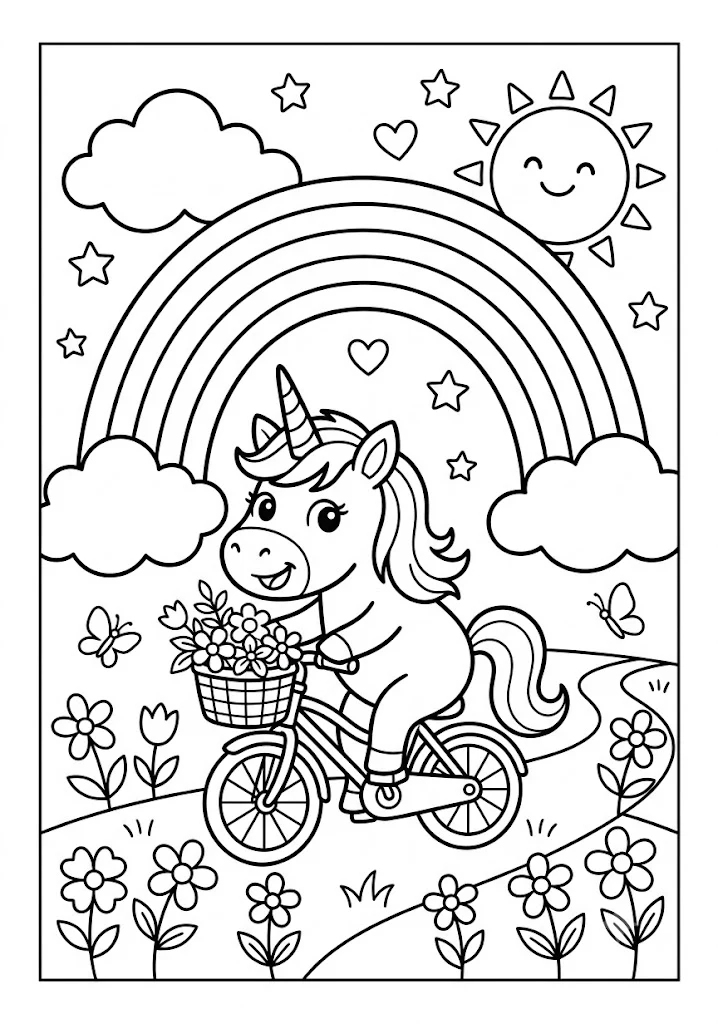 A cute unicorn riding a bicycle with a basket of flowers under a rainbow, sun, and stars.