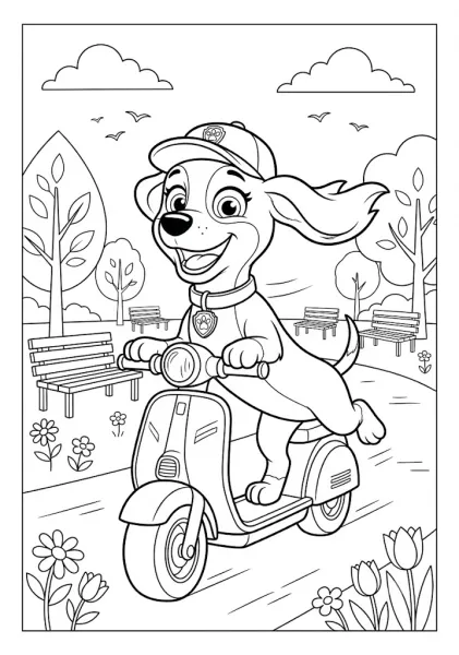 Liberty the pup riding a scooter through a park with benches and trees coloring page