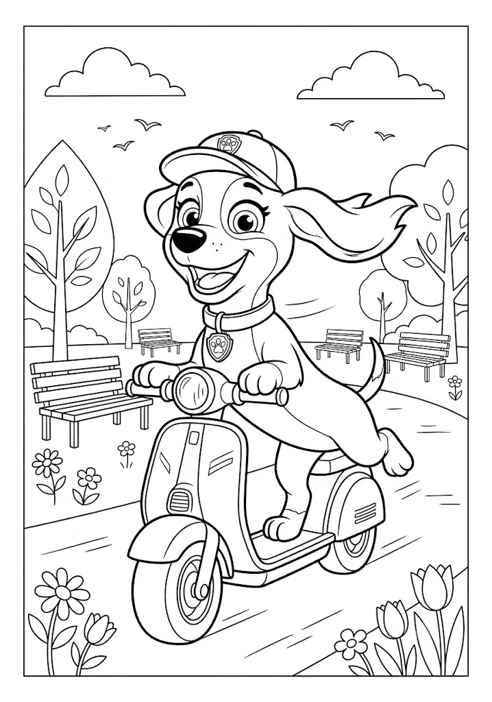 Liberty the pup riding a scooter through a park with benches and trees coloring page